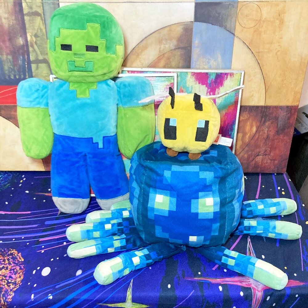 MINECRAFT LOT STUFFED ANIMAL PLUSH DOLLS STEVE ZOMBIE - BUMBLE BEE - SQUID